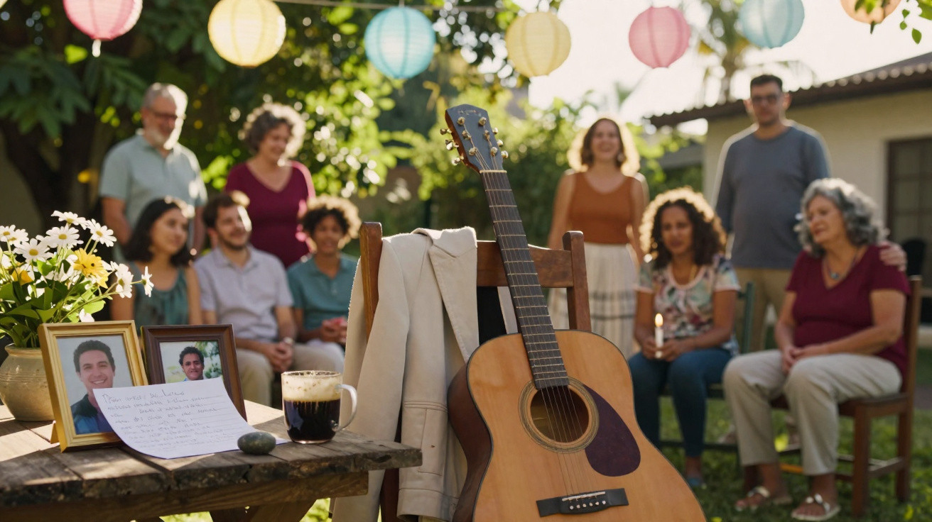 Grupo de pessoas sentado em jardim, com violão, quadro de fotos e papel em mesa à frente.