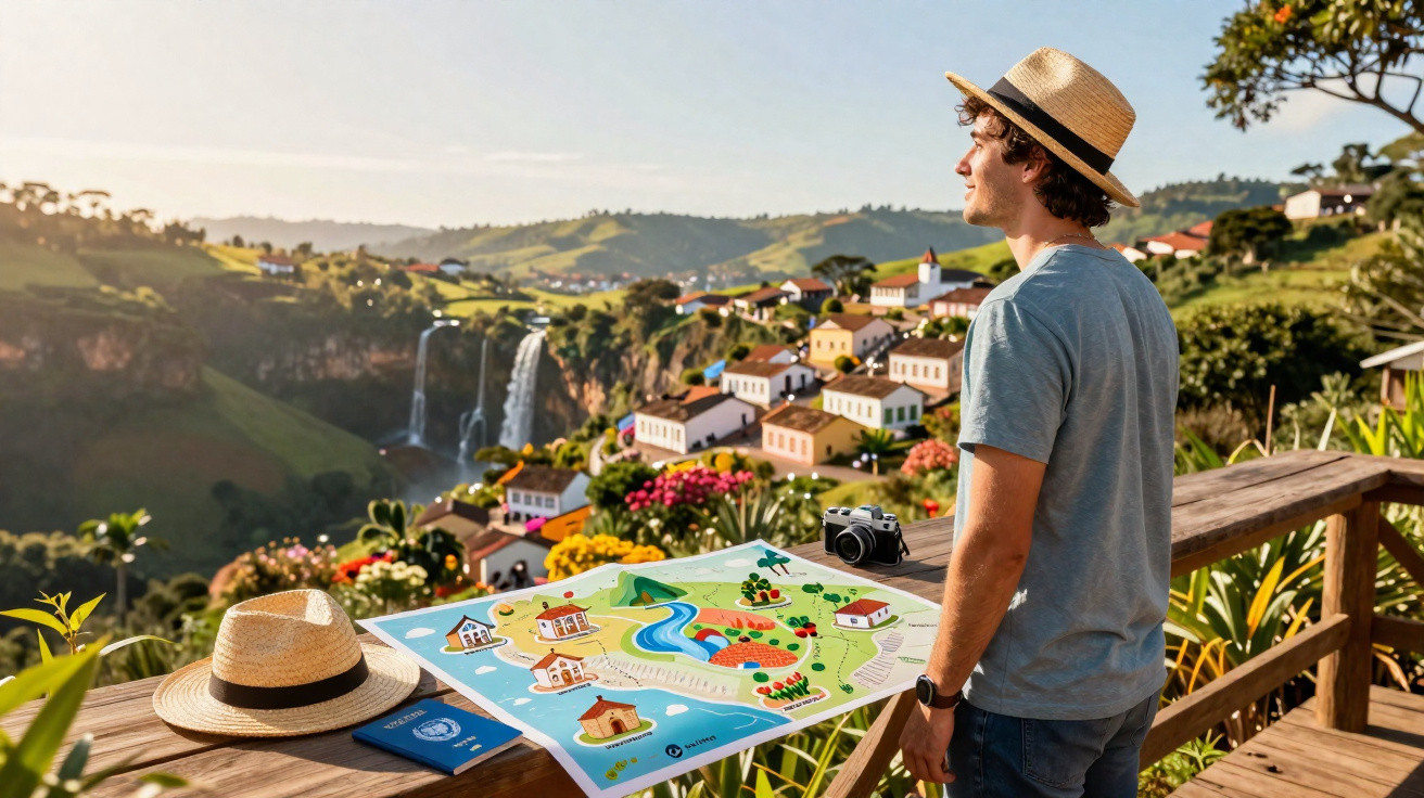 Homem de chapéu observa vila colorida e cachoeira ao fundo, com mapa, câmera e chapéu sobre madeira.