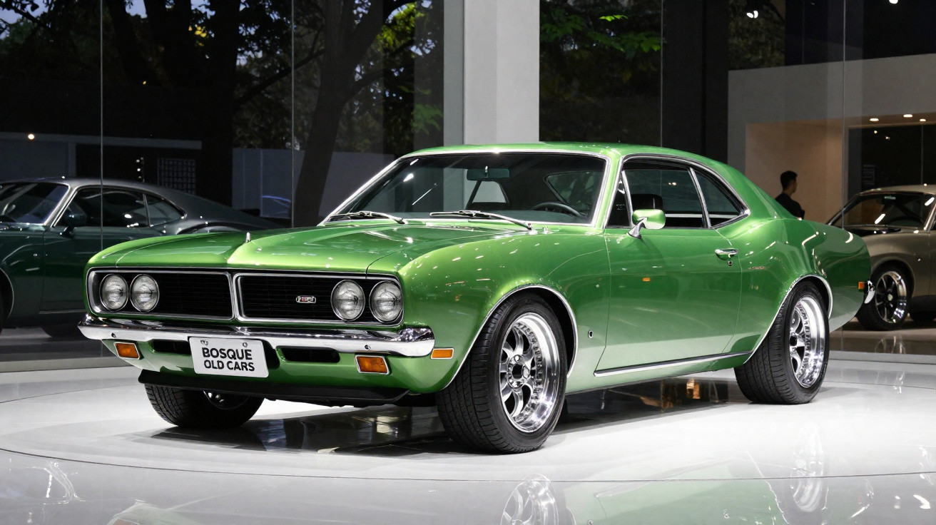 Carro clássico verde, Dodge Charger 1970, exposto em salão com chão branco e iluminação destacada.