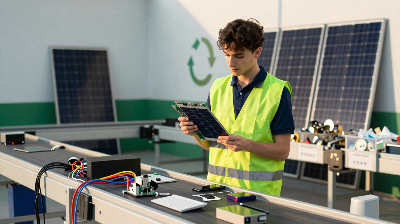 Jovem técnico analisa pequeno painel solar em fábrica com painéis e equipamentos eletrônicos ao fundo.