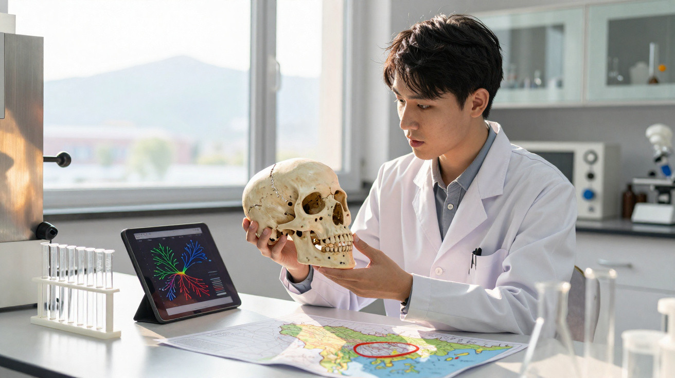 Cientista em laboratório segurando crânio humano com tablet e mapa na mesa.