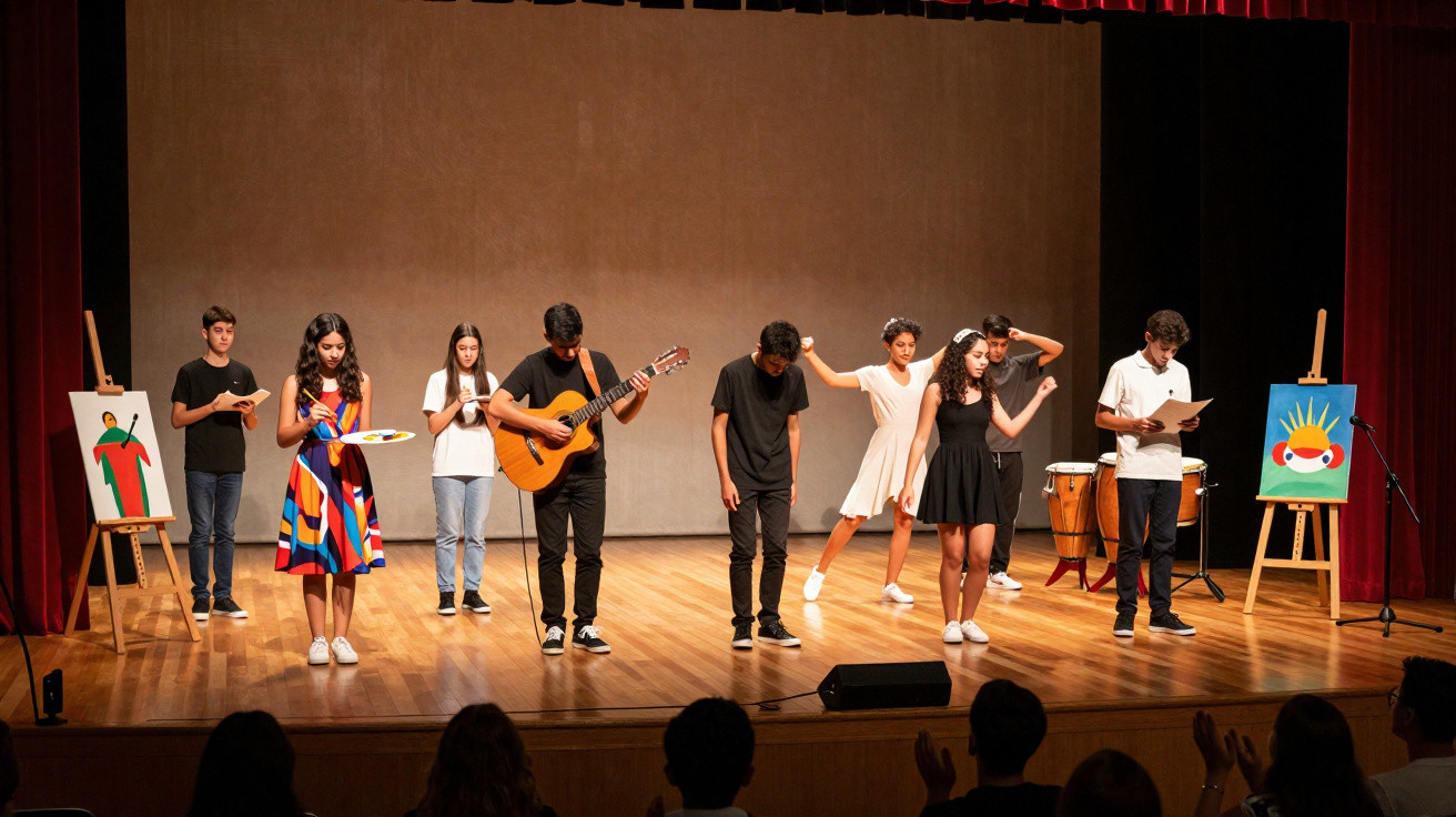Grupo de oito jovens em apresentação teatral em palco com pintura, música e leitura, diante de público.