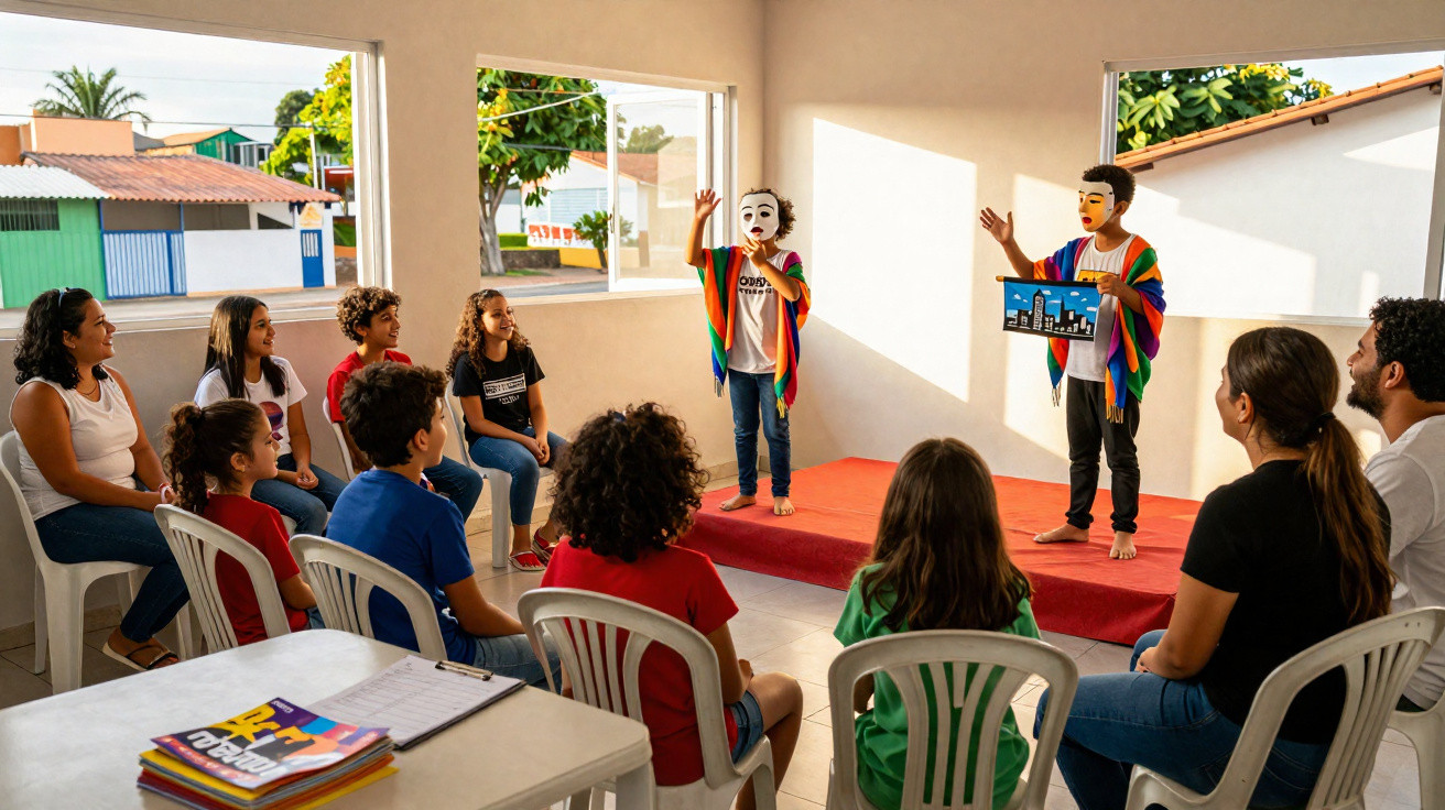 Crianças e adultos em círculo assistindo a duas crianças em máscara e capa apresentando no palco.