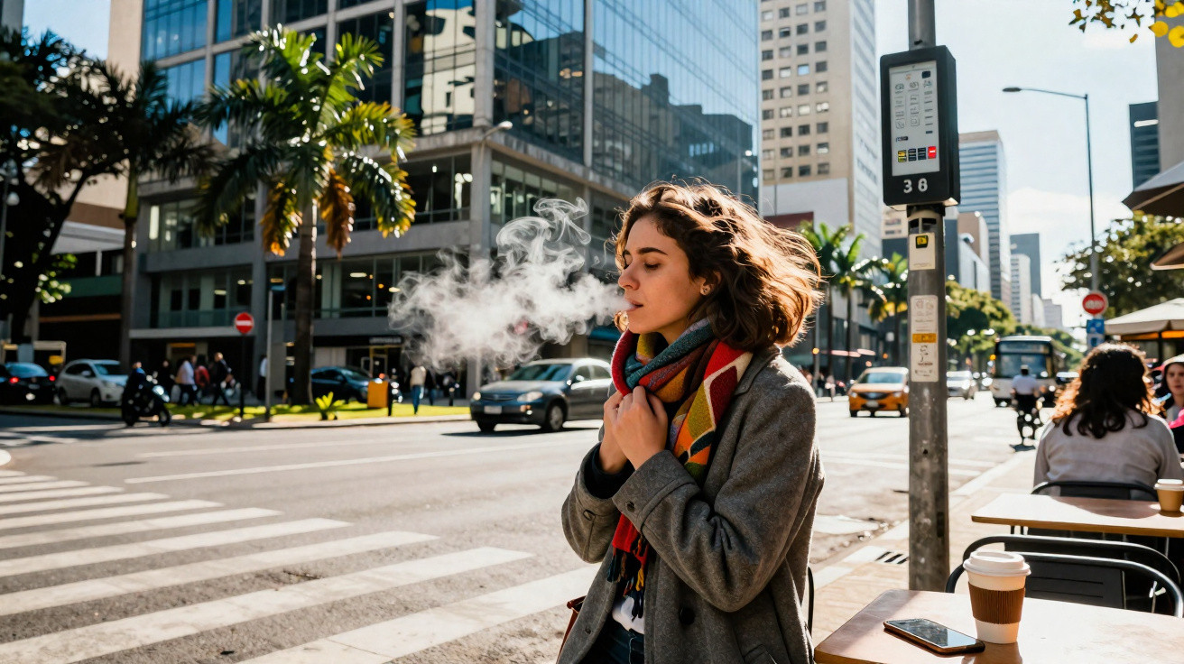 Mulher fumando na calçada de rua movimentada em área urbana com prédios e carros ao fundo.