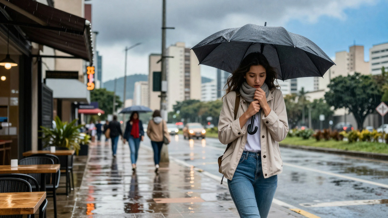 Mulher caminhando na rua com guarda-chuva aberto em dia chuvoso e céu nublado em área urbana.