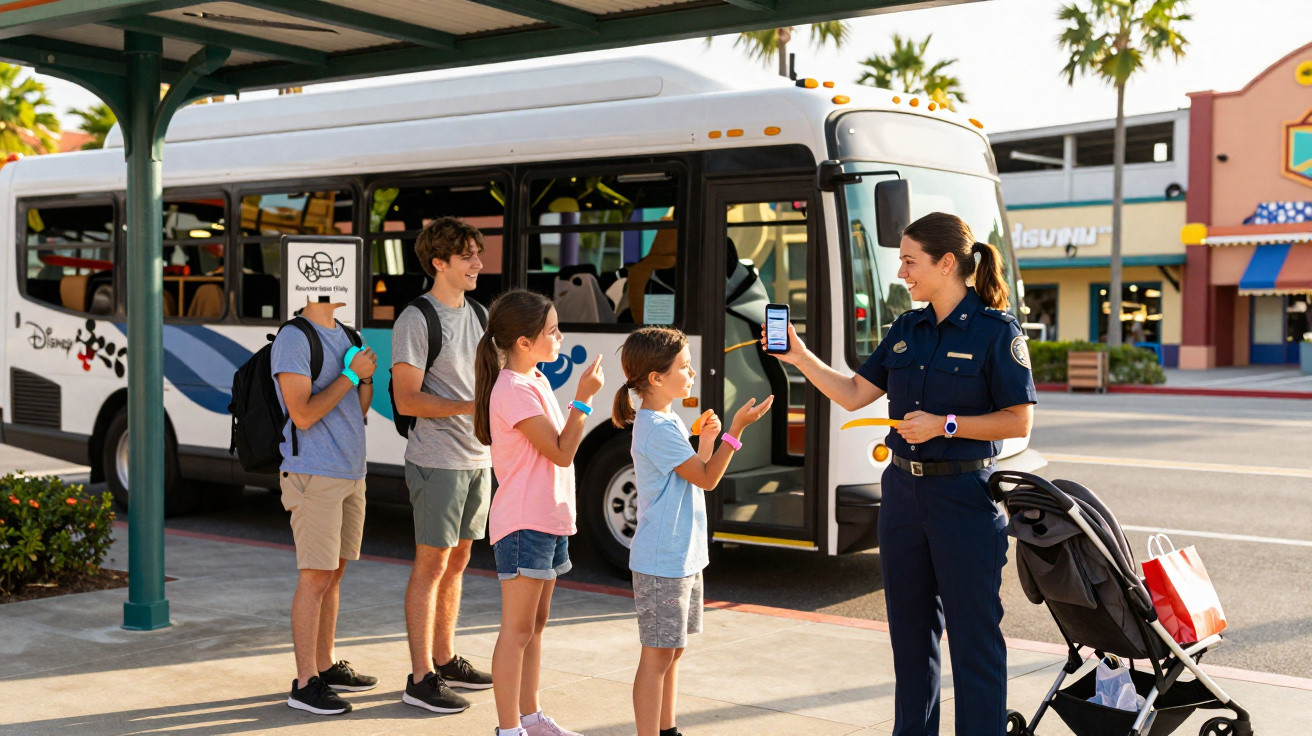 Crianças usam pulseiras na entrada de ônibus da Disney com funcionária mostrando o celular.