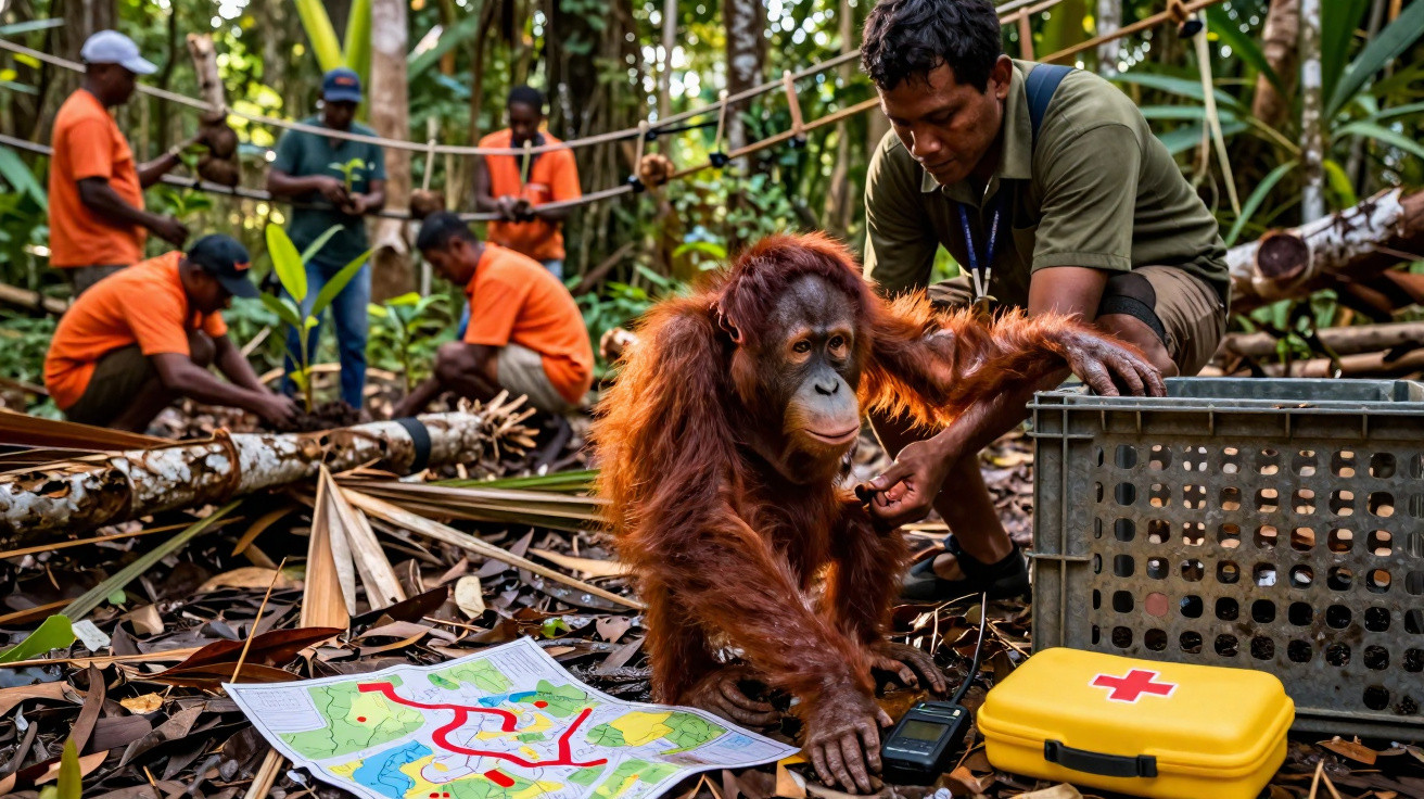 Orangotango jovem com cuidador em área de floresta tropical, com mapa e kit de primeiros socorros no chão.