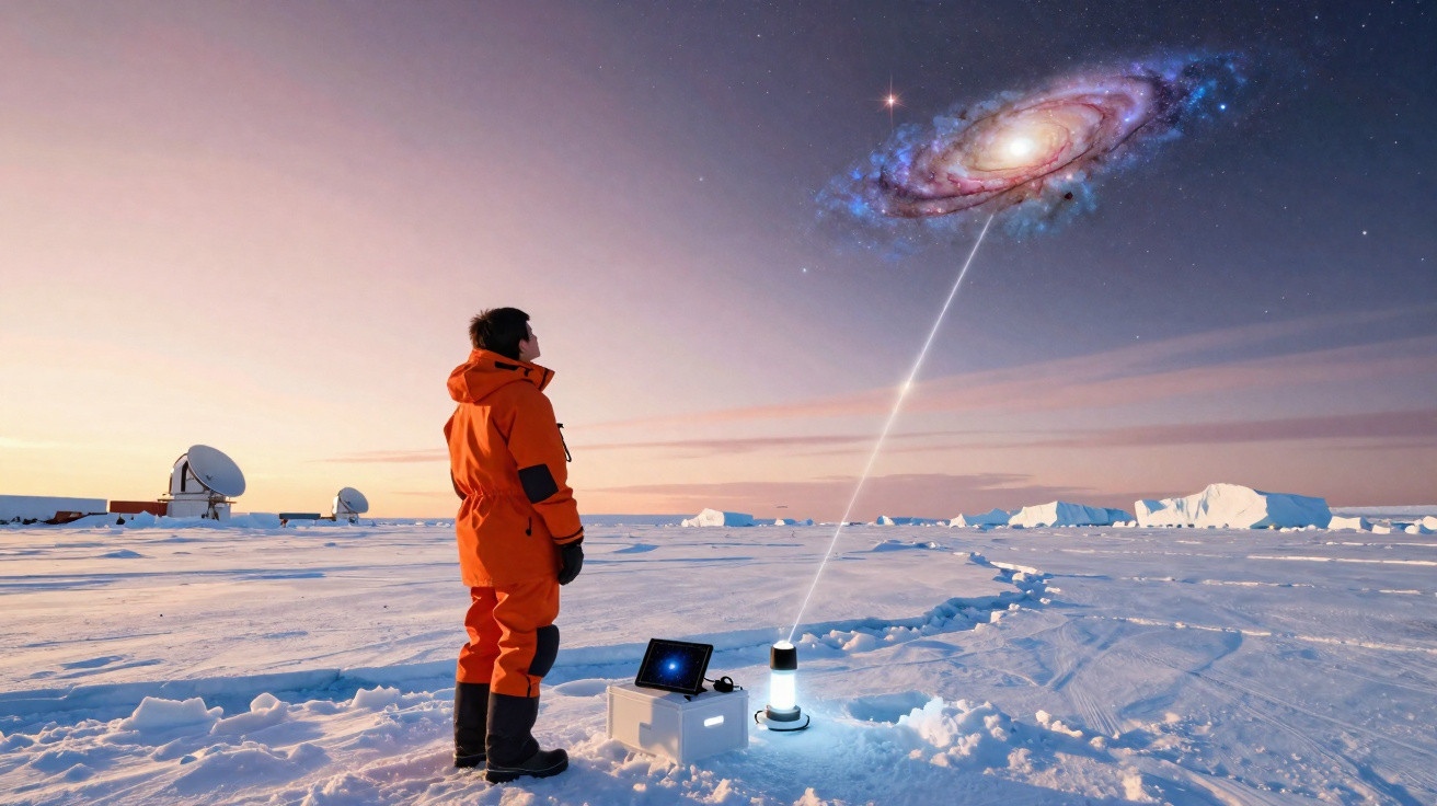 Pessoa em roupa laranja observa projeção holográfica de galáxia no céu em ambiente gelado com antenas parabólicas.