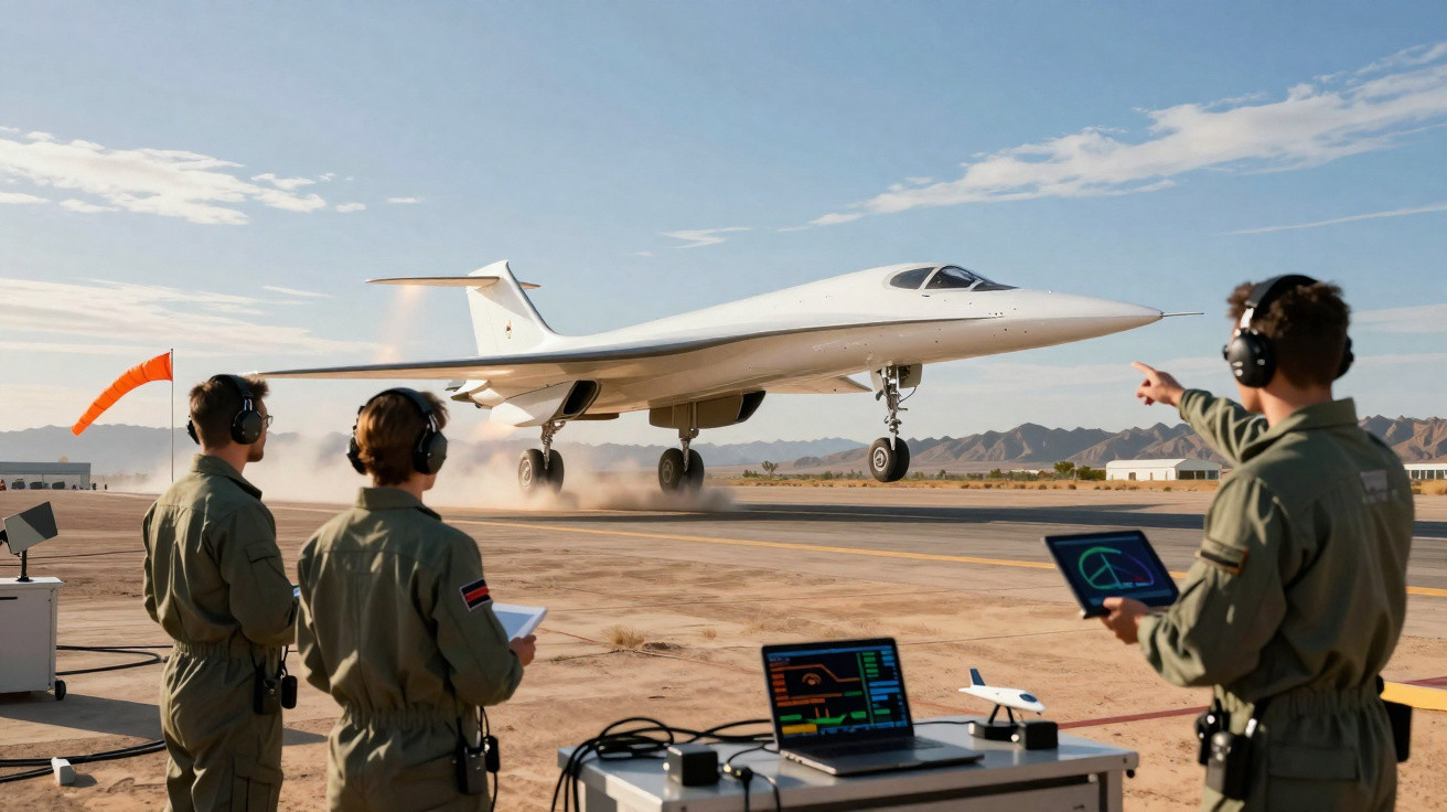 Avião futurista de formato delta decolando enquanto três técnicos observam com fones e tablets ao ar livre.
