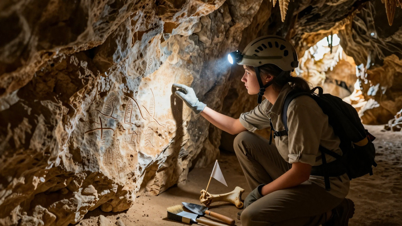 Jovem arqueóloga de capacete explora pinturas rupestres em caverna com equipamentos de escavação.