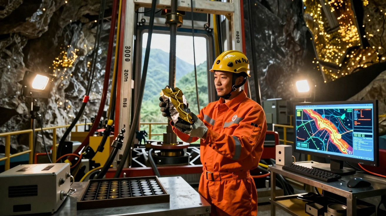 Homem com capacete amarelo e roupa laranja analisa amostra de pedra em laboratório de mineração subterrânea.