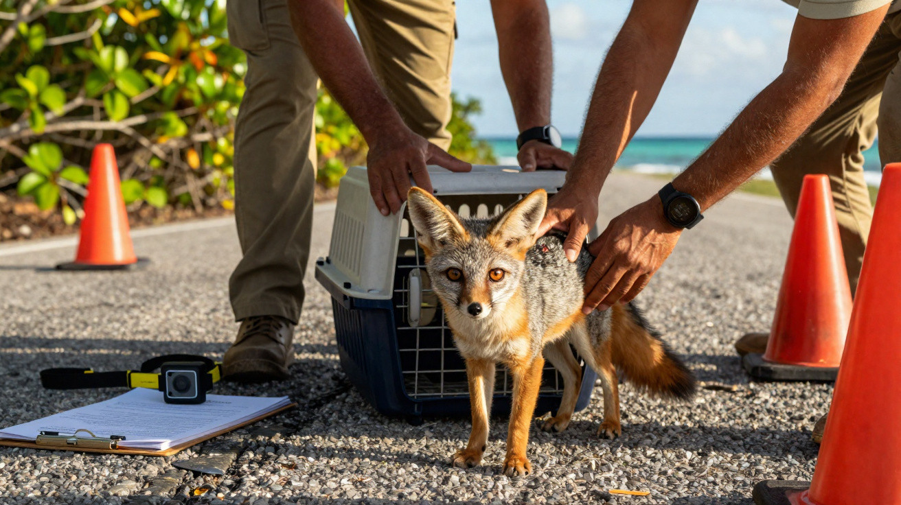 Raposa sendo solta por duas pessoas próximas a cones laranja em área externa.