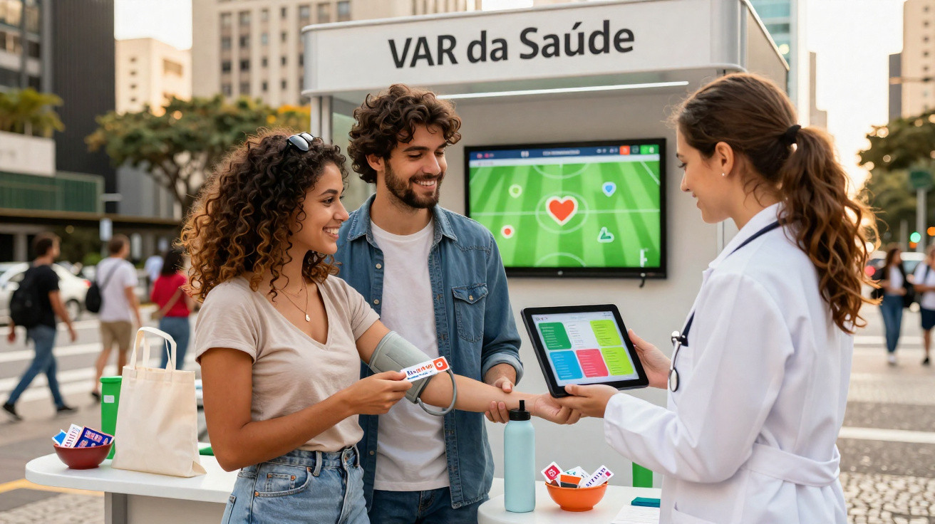 Casal tem pressão arterial medida por profissional de saúde em quiosque ao ar livre chamado VAR da Saúde.
