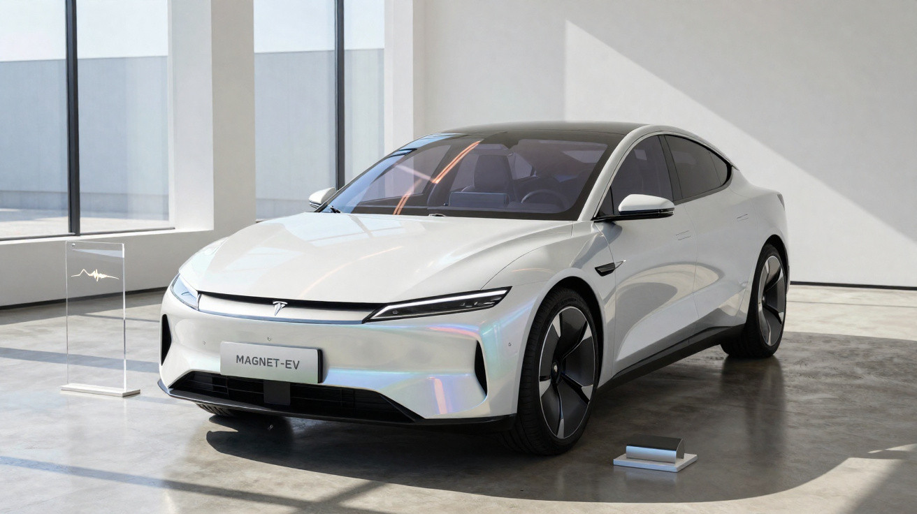 Carro elétrico branco modelo Magnet-EV estacionado em ambiente interno futurista com iluminação natural.