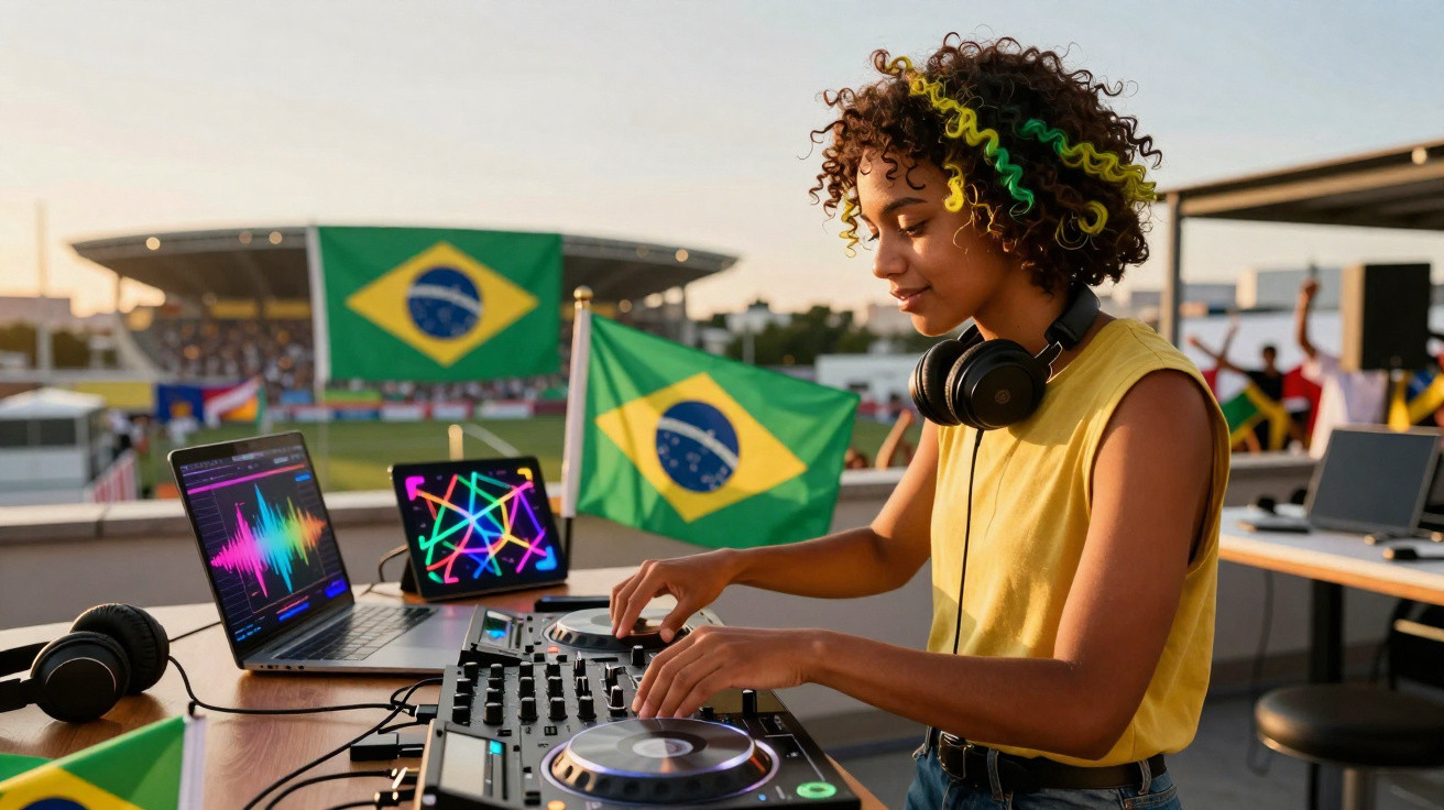 Jovem DJ com fita amarela e verde nos cabelos toca música em equipamento com bandeiras do Brasil ao fundo.