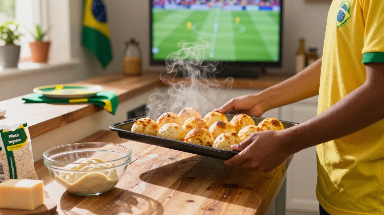 Pessoa segurando assadeira com pão de queijo quente na cozinha enquanto assiste jogo de futebol na TV.