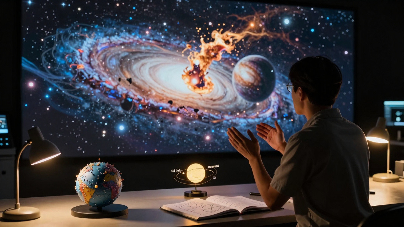 Pessoa observando projeção de galáxia e planetas em ambiente de estudo com mapas celestes e livro aberto.