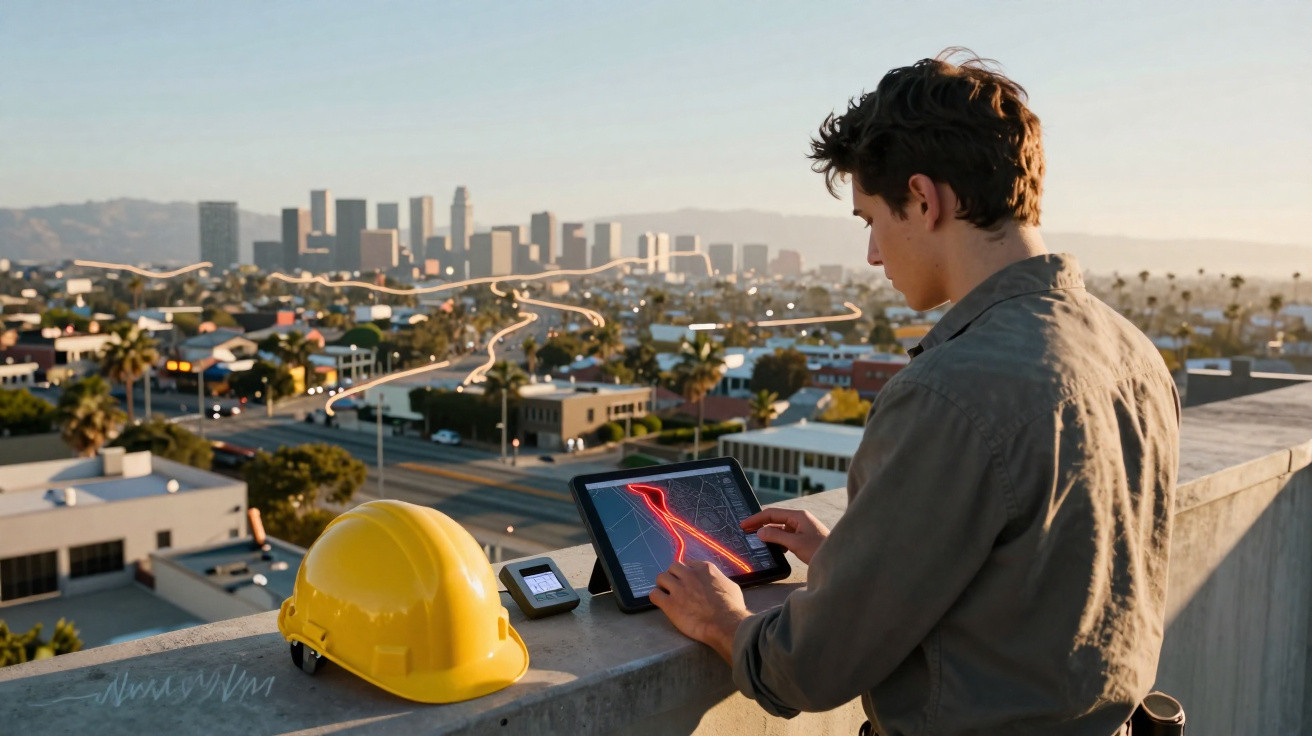 Homem usando tablet com mapa digital e capacete amarelo sobre mureta com vista urbana ao fundo.