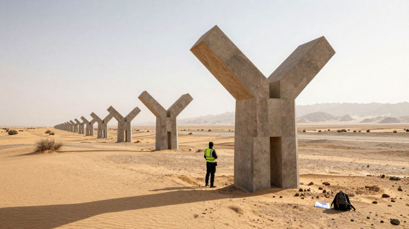 Homem com colete refletivo observa série de esculturas de pedra em forma de Y no deserto.