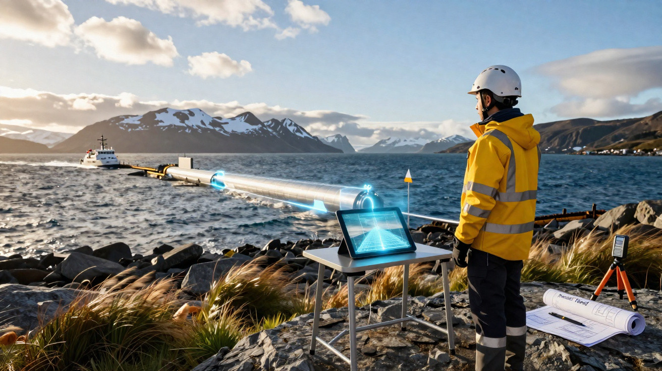 Engenheiro com roupa de segurança observa equipamento tecnológico futurista em praia com montanhas ao fundo.