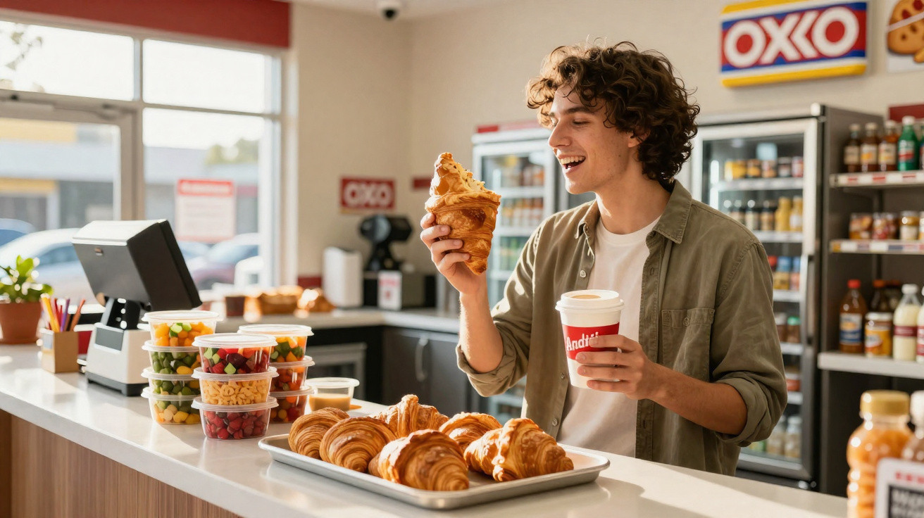 Jovem sorrindo segurando croissant e café dentro de loja OXXO com diversas opções de lanches no balcão.