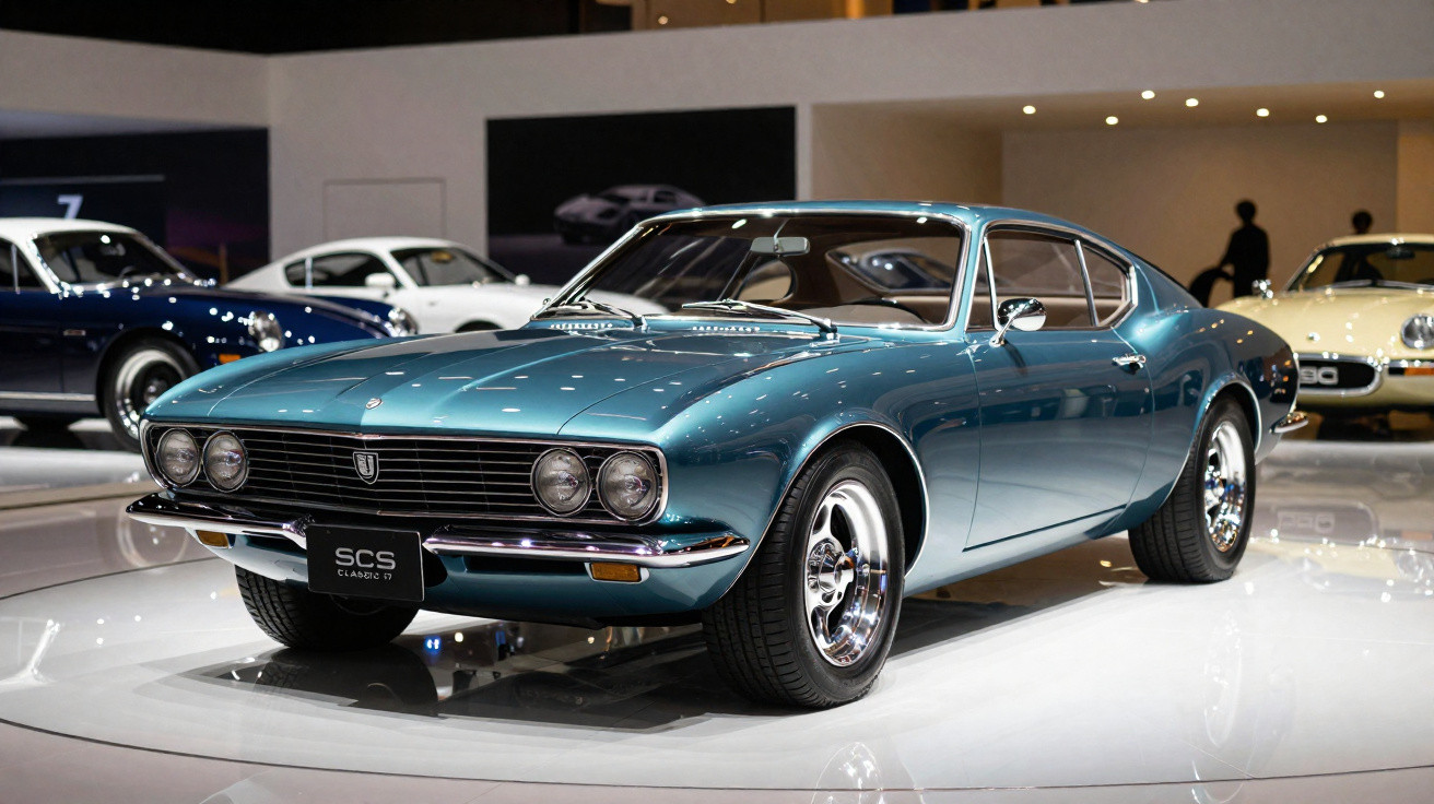 Carro clássico esportivo azul metálico em exposição, com design elegante e rodas cromadas.