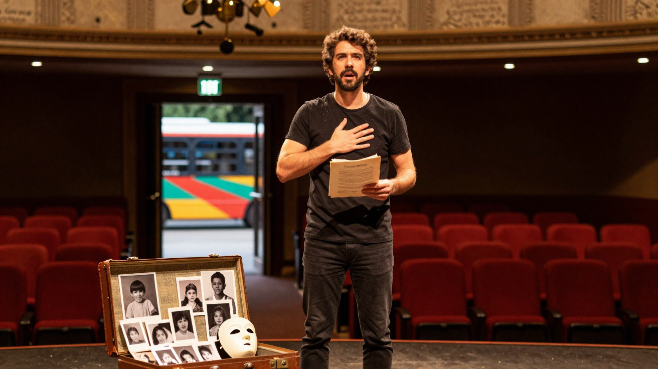 Homem com roupa preta em palco de teatro, lendo texto com mão no peito e mala com fotos e máscara branca ao lado.