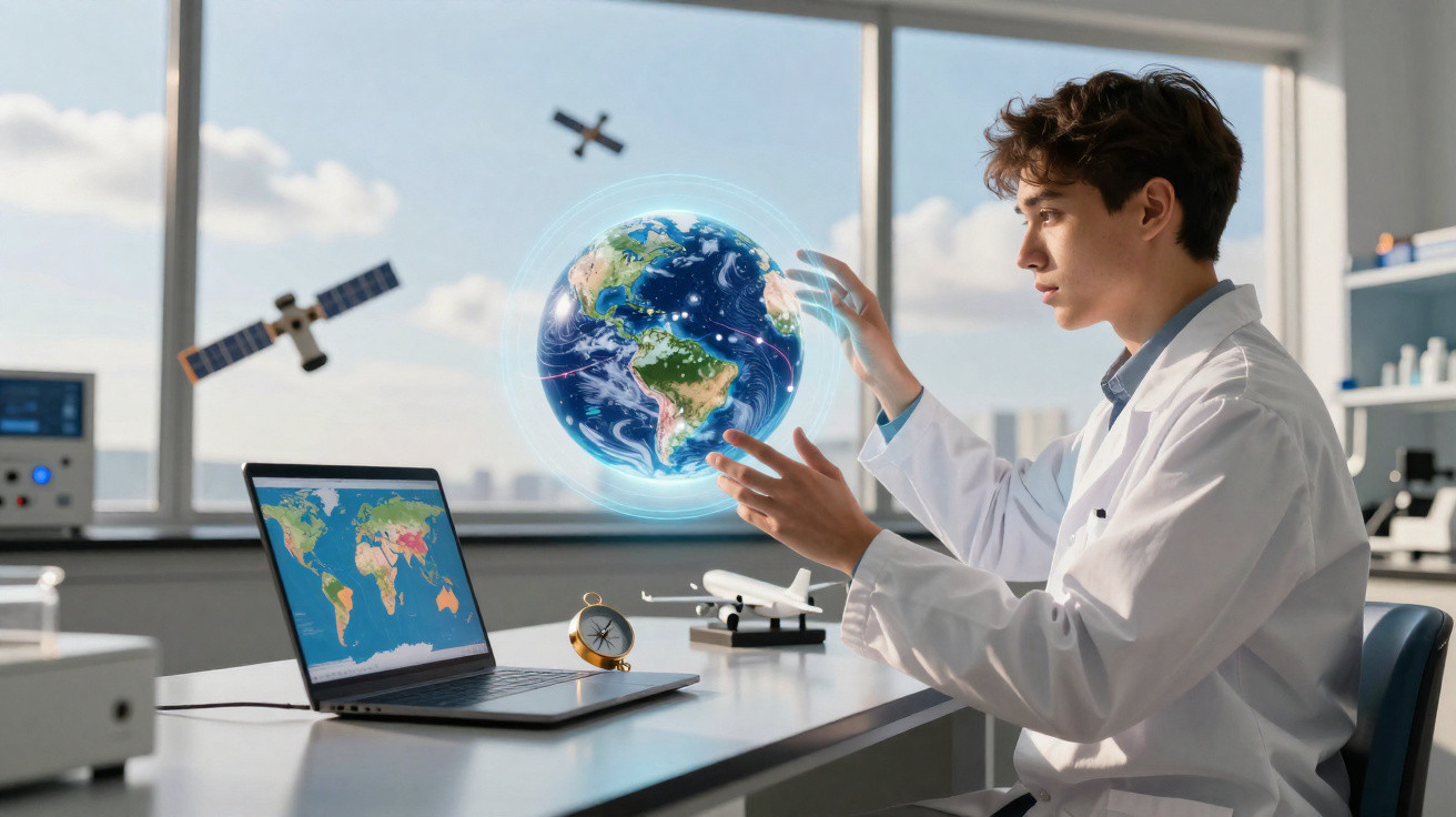 Jovem cientista em laboratório interage com globo terrestre digital  tridimensional flutuante.