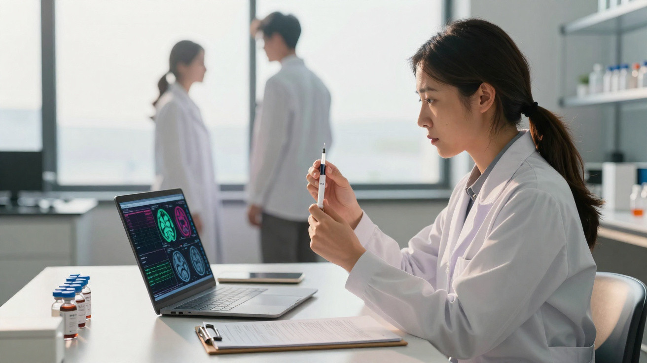 Cientista analisando seringa em laboratório com computador e duas pessoas ao fundo desfocadas.