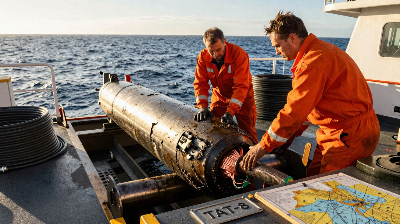 Dois homens em macacões laranja operam equipamento eletrônico em barco no mar, com mapa náutico ao lado.