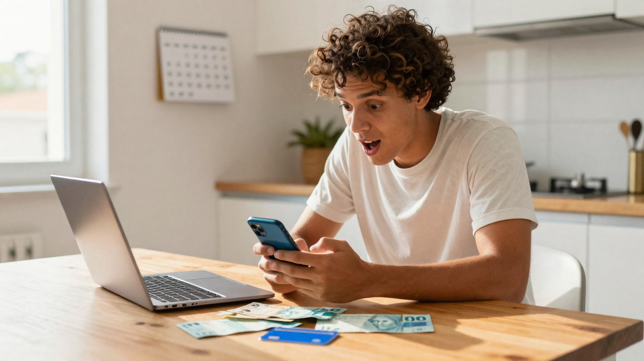 Jovem surpreso usando celular com dinheiro e cartão em mesa próxima a notebook em cozinha.