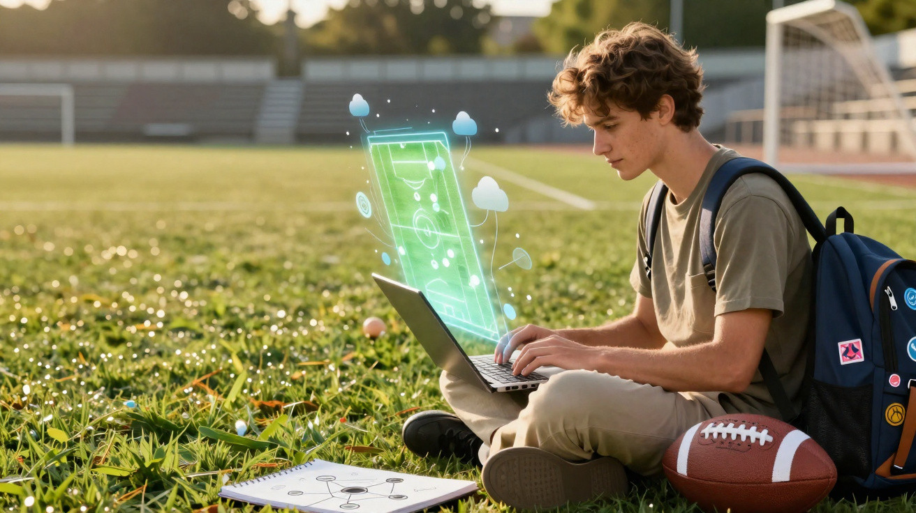 Jovem sentado no campo estudando tática de futebol com laptop e bola americana ao lado.
