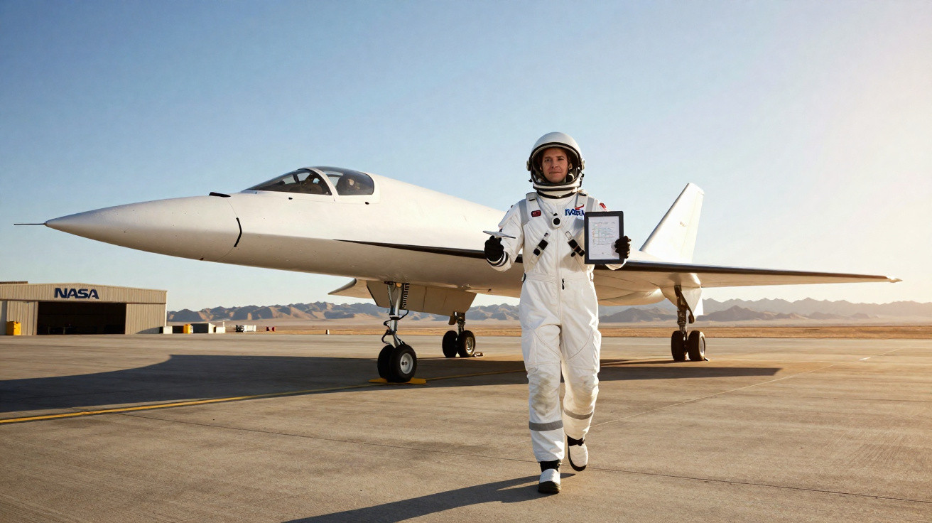 Astronauta de macacão branco caminhando em área de pista com avião futurista da NASA ao fundo.