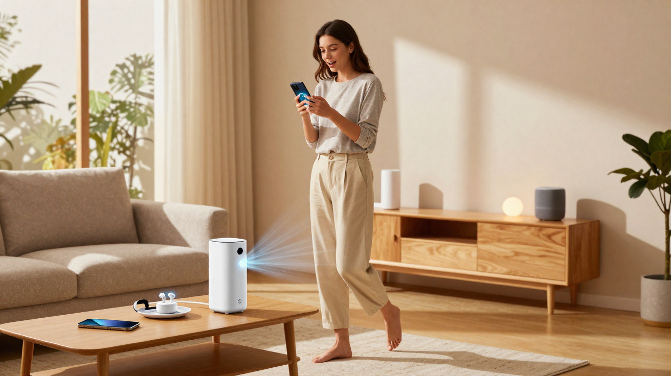 Mulher usando smartphone, controlando purificador de ar branco em sala moderna e iluminada.