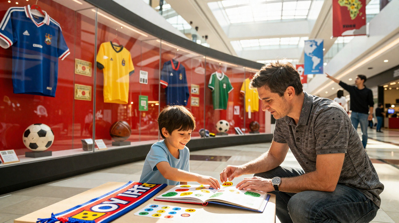 Pai e filho brincando com livro ilustrado em museu de futebol com camisas e bolas expostas ao fundo.