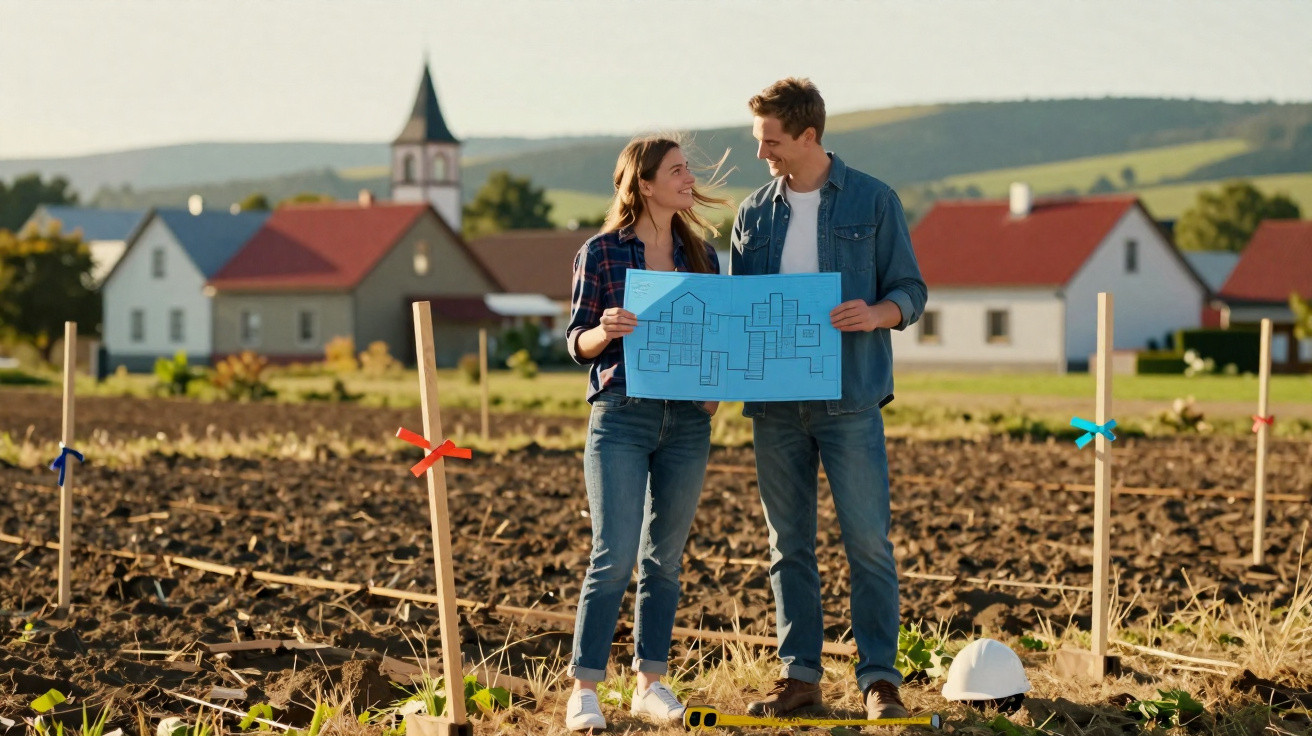 Casal jovem segurando planta de casa em terreno para construção com casas ao fundo em área rural.