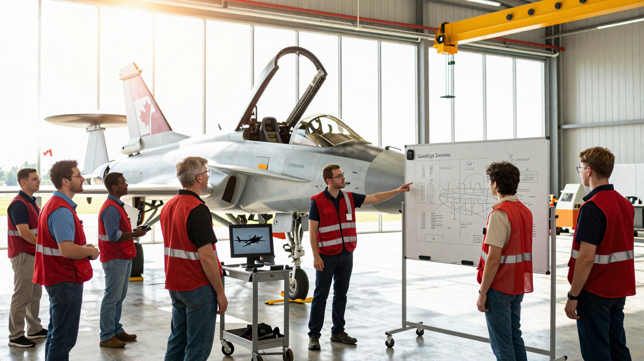 Engenheiros em coletes vermelhos discutem projeto técnico diante de caça militar em hangar iluminado.