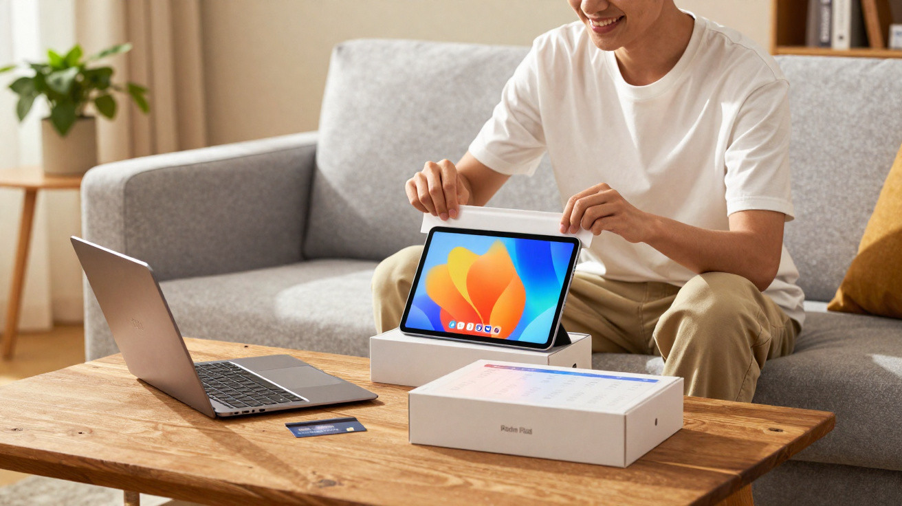 Pessoa desembrulhando um tablet novo em casa, com laptop e cartão de crédito na mesa de madeira.