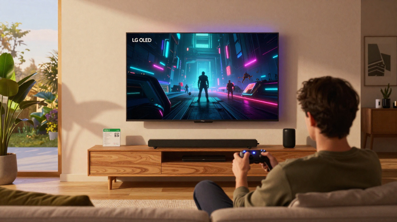 Pessoa sentada no sofá jogando videogame em TV LG OLED com ambiente interno e plantas na varanda.
