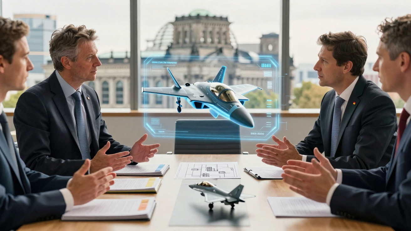 Quatro homens em reunião discutem projeto de caça com modelo físico e holograma de avião militar numa sala moderna.
