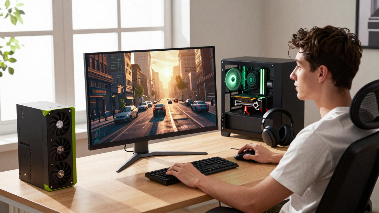 Jovem sentado em mesa usando computador para jogo de corrida em monitor widescreen, com gabinete e placa de vídeo ao lado.