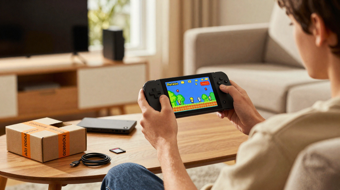 Pessoa segurando console portátil jogando videojogo em uma sala com mesa de madeira e sofá ao fundo.