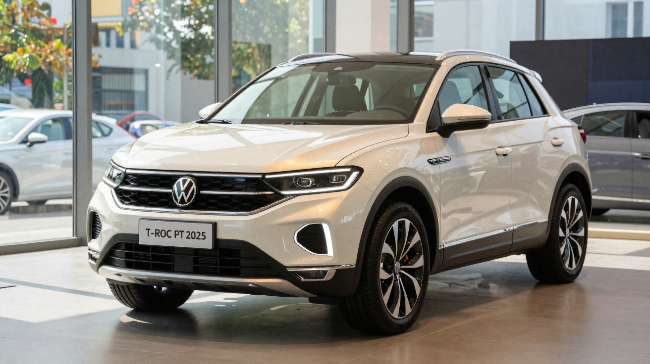 Carro branco Volkswagen T-Roc 2025 em exposição dentro de showroom moderno.