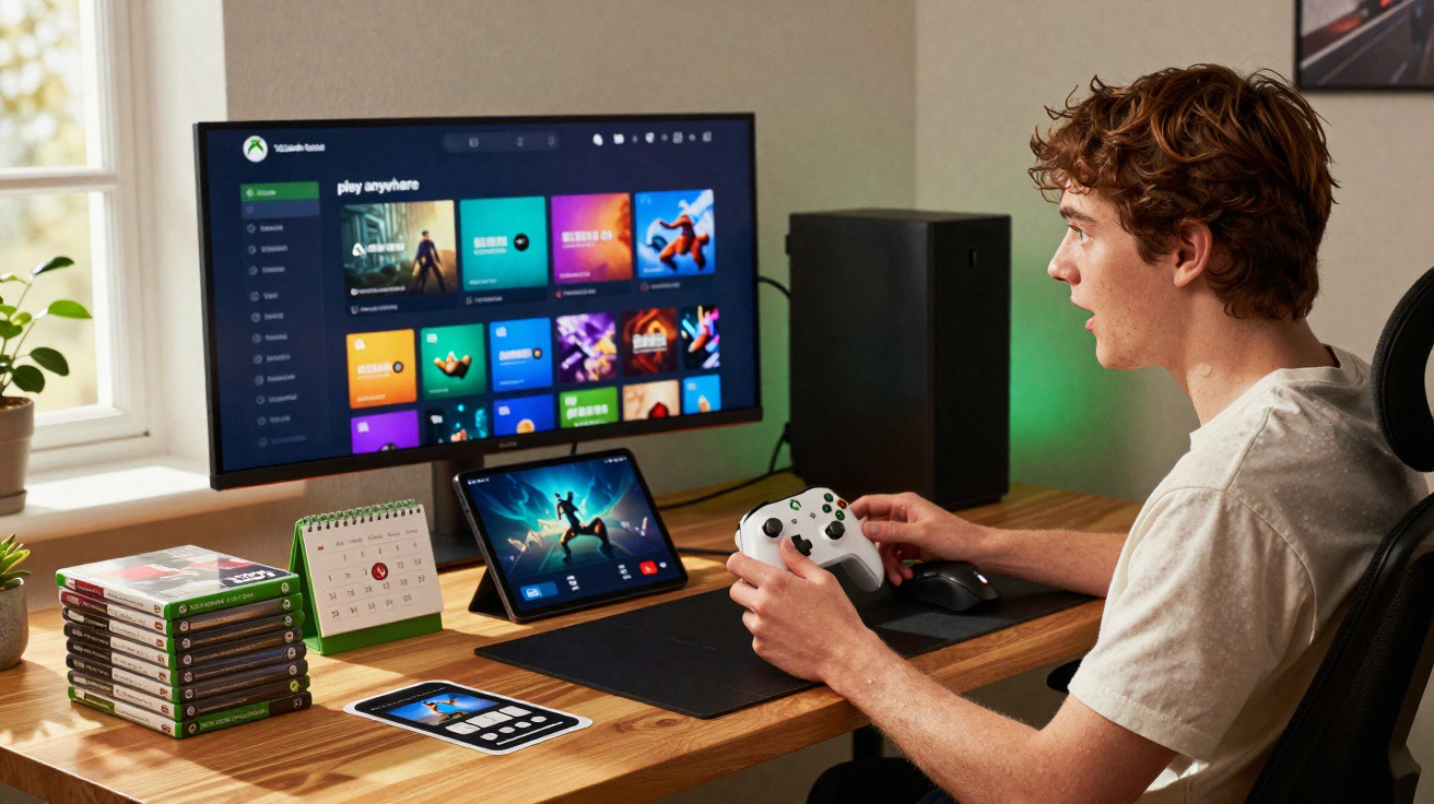 Jovem jogando videogame com controle branco, tela grande, tablet e celular na mesa de madeira.