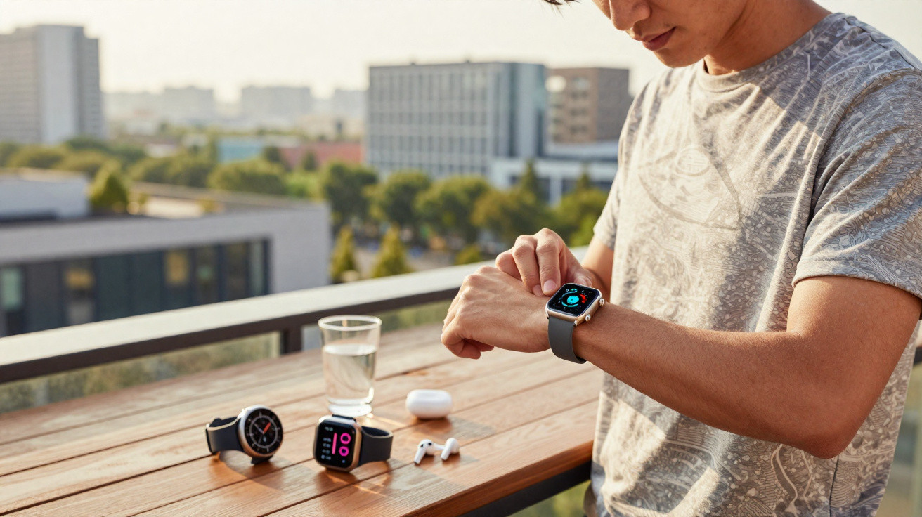 Pessoa usando smartwatch em varanda com dois relógios inteligentes e fones sobre mesa de madeira.