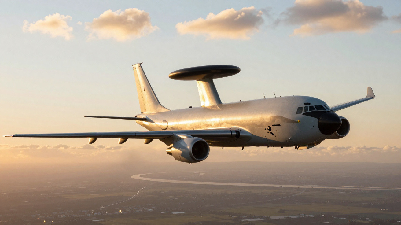 Avião de reconhecimento aéreo com radar sobre a fuselagem voando durante o pôr do sol.