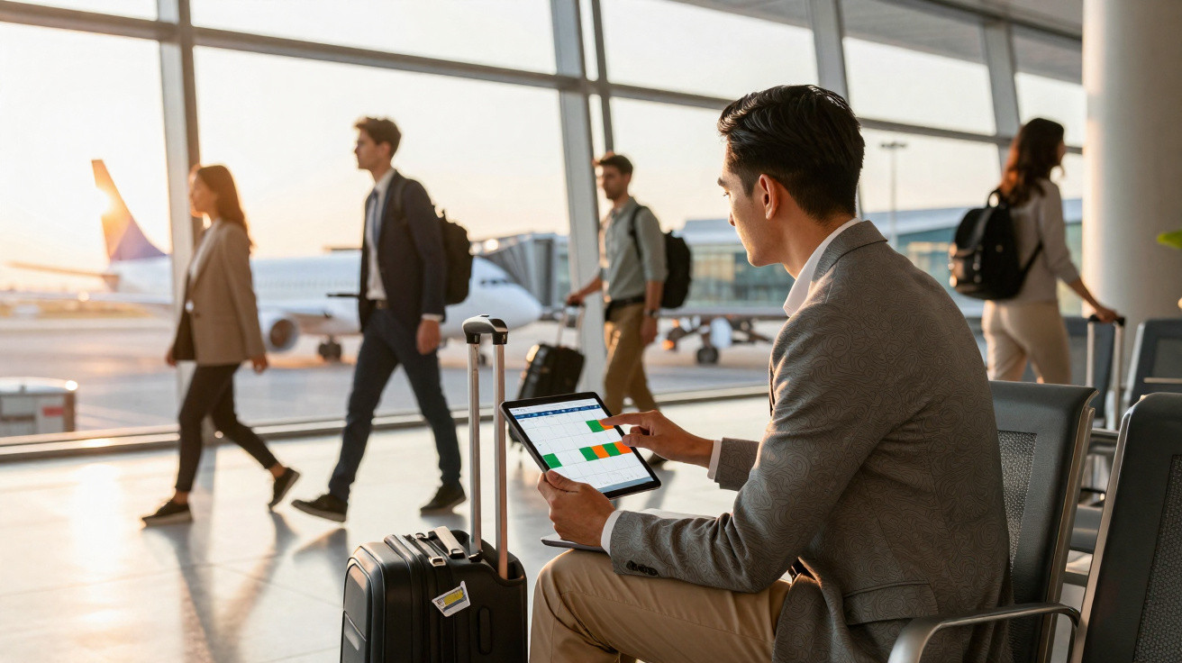 Homem sentado no aeroporto usando tablet com malas e outras pessoas caminhando ao fundo.