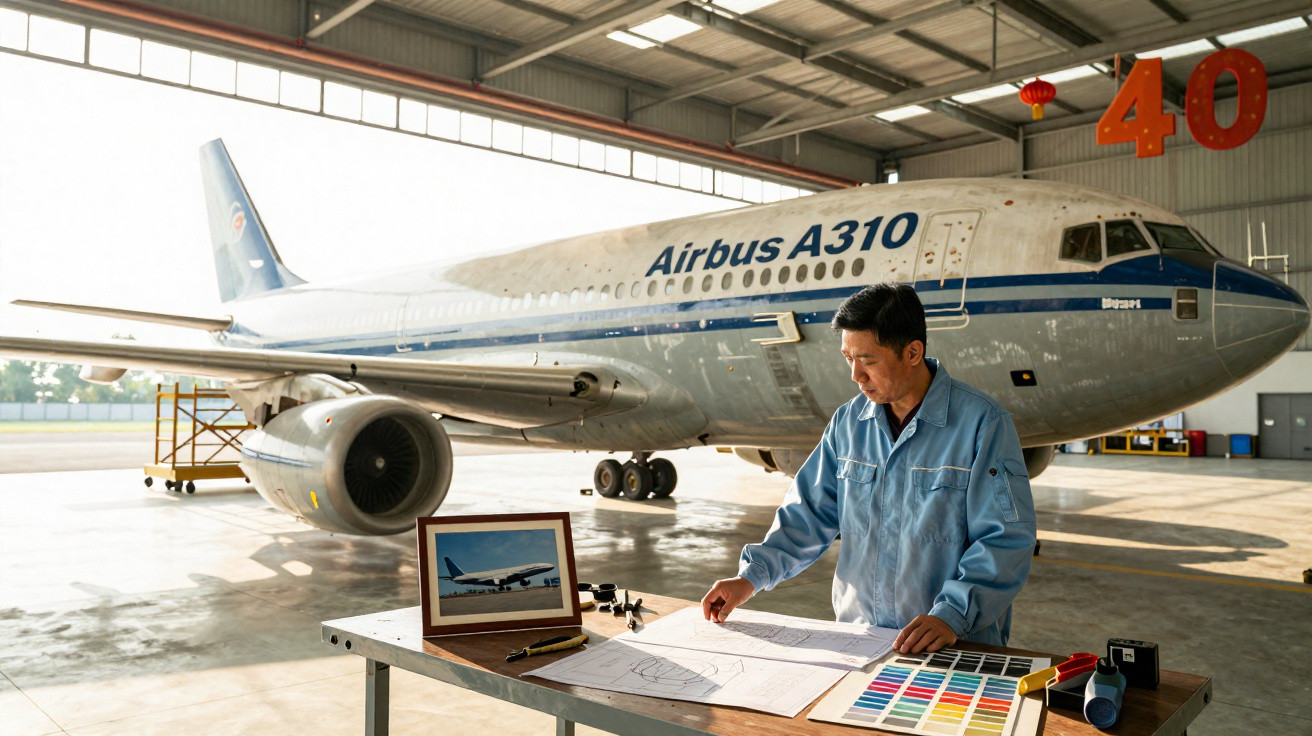 Homem trabalhando em hangar com planta e amostras ao lado de avião Airbus A310 estacionado.
