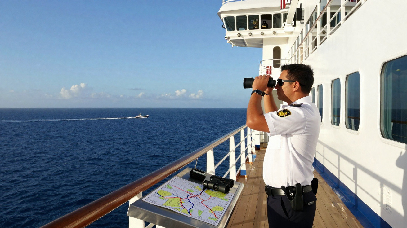 Tripulante em uniforme usa binóculos na proa de navio, com mapa e outro binóculo sobre mesa, observando o mar aberto.