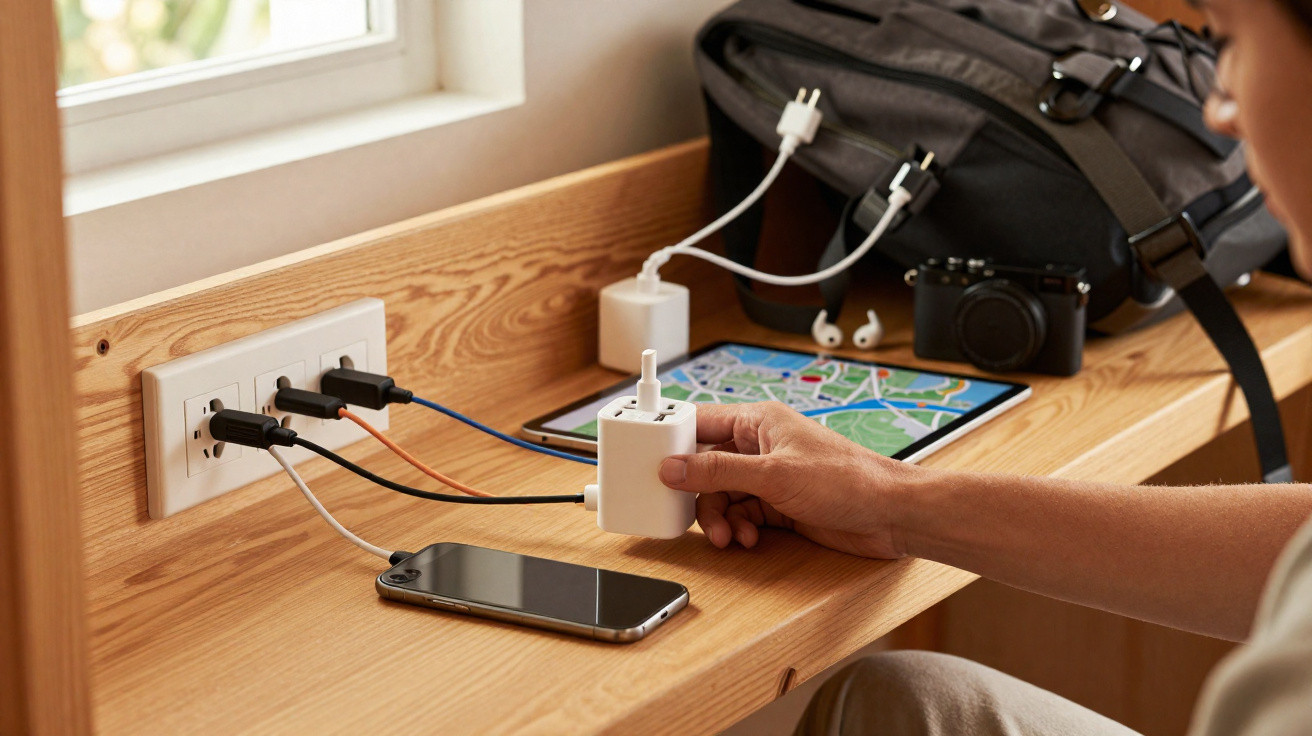 Pessoa conectando adaptador na tomada com celular, tablet, câmera e mochila em bancada de madeira próxima à janela.